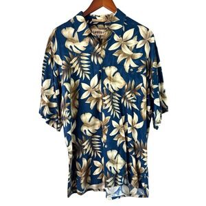 COMODA Floral Hawaiian Shirt Tropical Resort Cruise Button‎ Up Blue Beige L